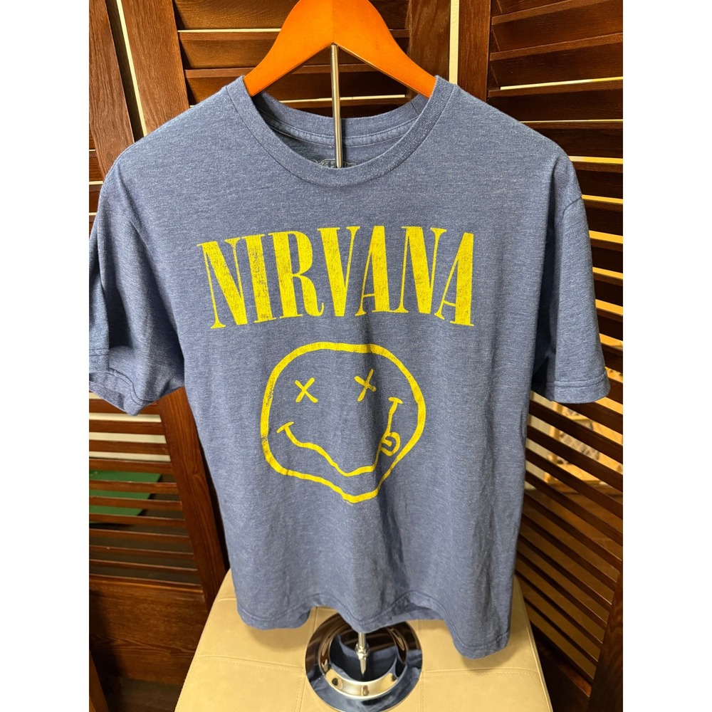 Nirvana Smiley Face T Shirt Mens Blue Graphic Tee Size Large